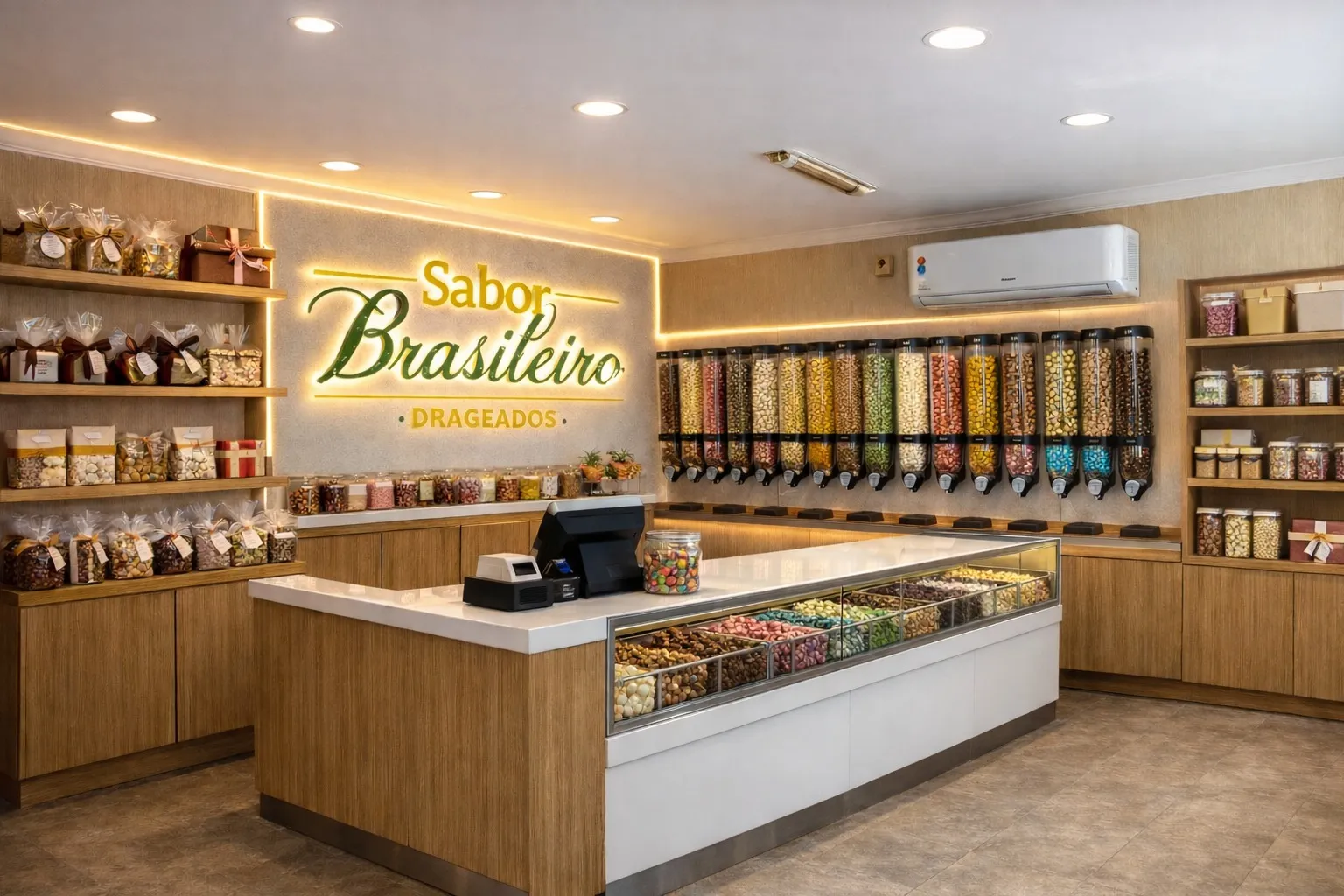 Empório Sabor Brasileiro — loja de fábrica em Campinas, com balcão e dispensers de produtos a granel
