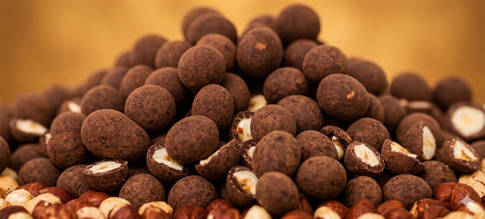 Avelãs drageadas com chocolate belga Barry Callebaut, cortadas ao meio mostrando a castanha por dentro